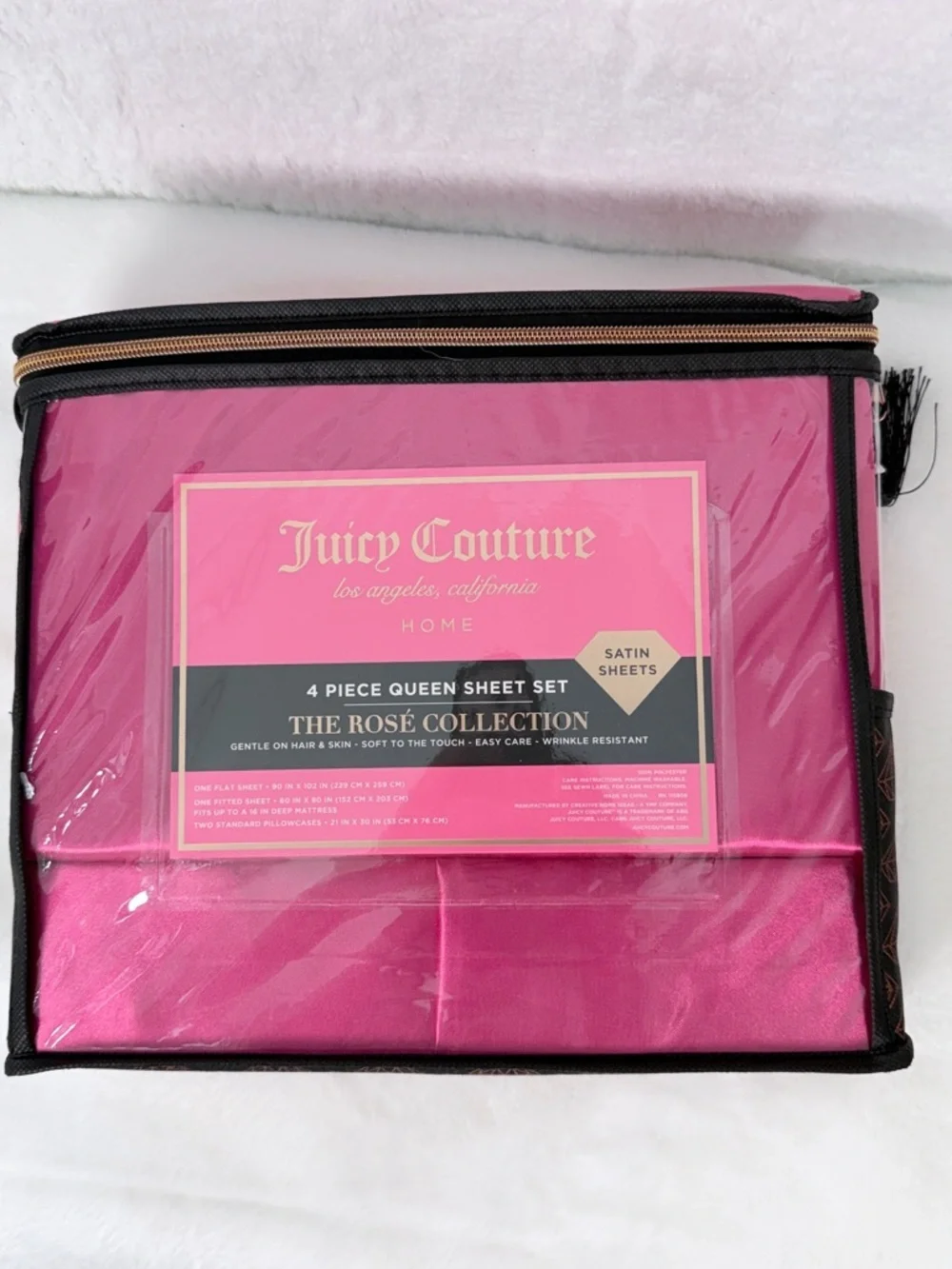 Juicy Couture Queen Satin Sheet Set Rose Collection Hot Pink 4 Piece Bedding Set
